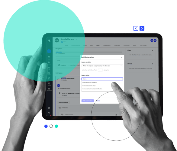 An iPad displaying Canopy software with a sleek dashboard, showcasing task management, client communication, and automation tools—highlighting the future of accounting technology.